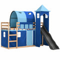 Hochbett für Kinder mit Rutsche und Vorhängen, Schutzgeländer, Lattenrost, Blau 80x200 cm - jervico