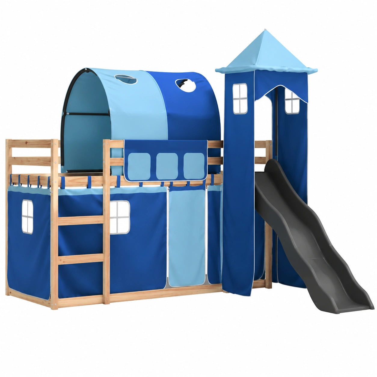 Hochbett für Kinder mit Rutsche und Vorhängen, Schutzgeländer, Lattenrost, Blau 80x200 cm - jervico
