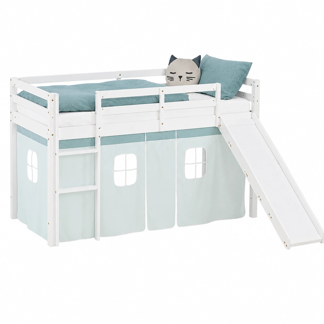Hochbett mit Rutsche und Vorhang 90x200 cm aus Kiefernholz in Weiß und Mintgrün für Kinderzimmer - jervico