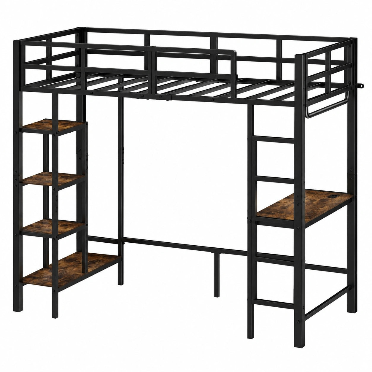 EGGREE Metall-Hochbett 90x200 cm mit integriertem Schreibtisch und Regal, platzsparend für Jugend- und Erwachsenenzimmer, Schwarz - jervico