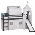 Kinderhochbett mit Rutsche und Vorhang aus Kiefernholz, 90x200 cm, Grau - jervico