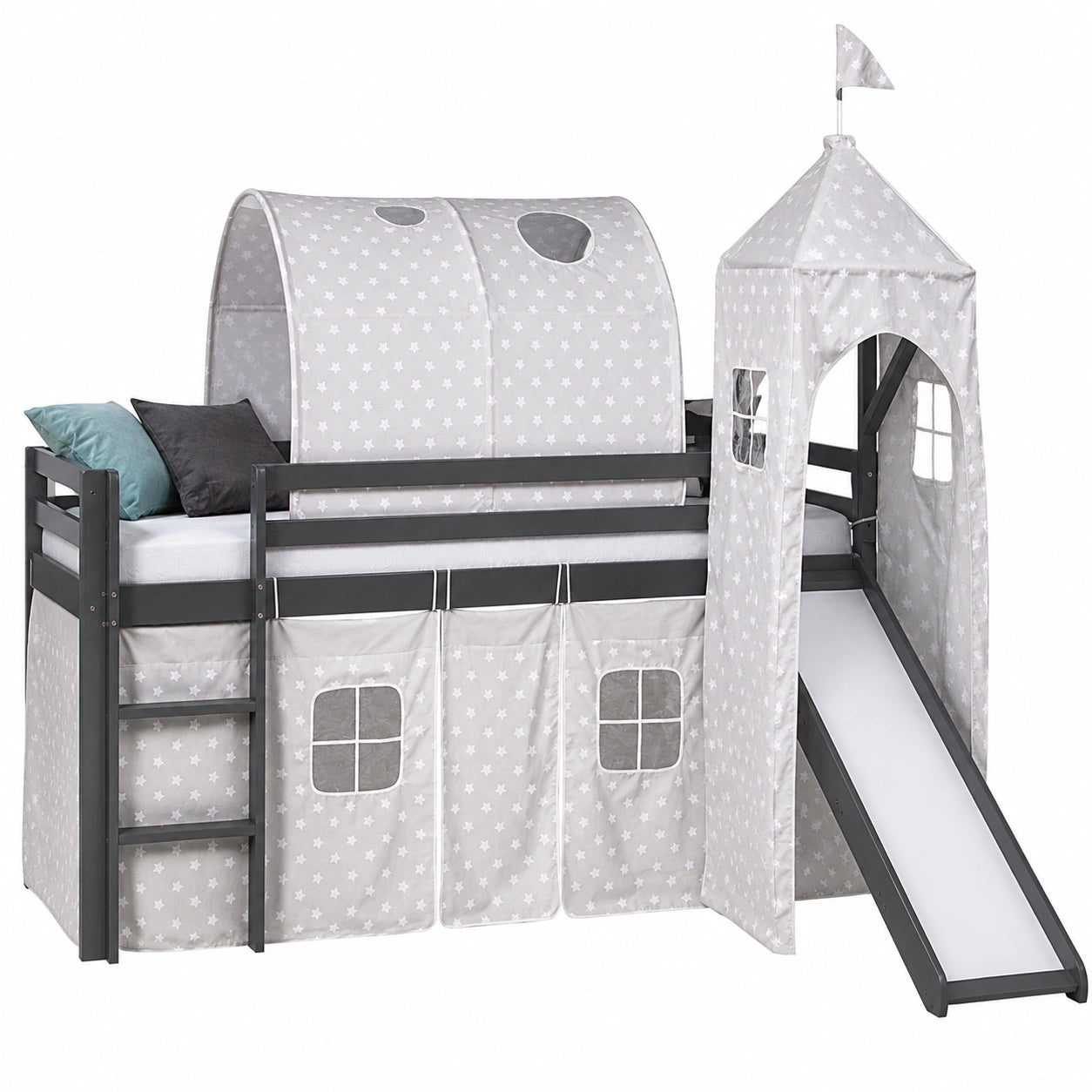 Kinderhochbett mit Rutsche und Vorhang aus Kiefernholz, 90x200 cm, Grau - jervico