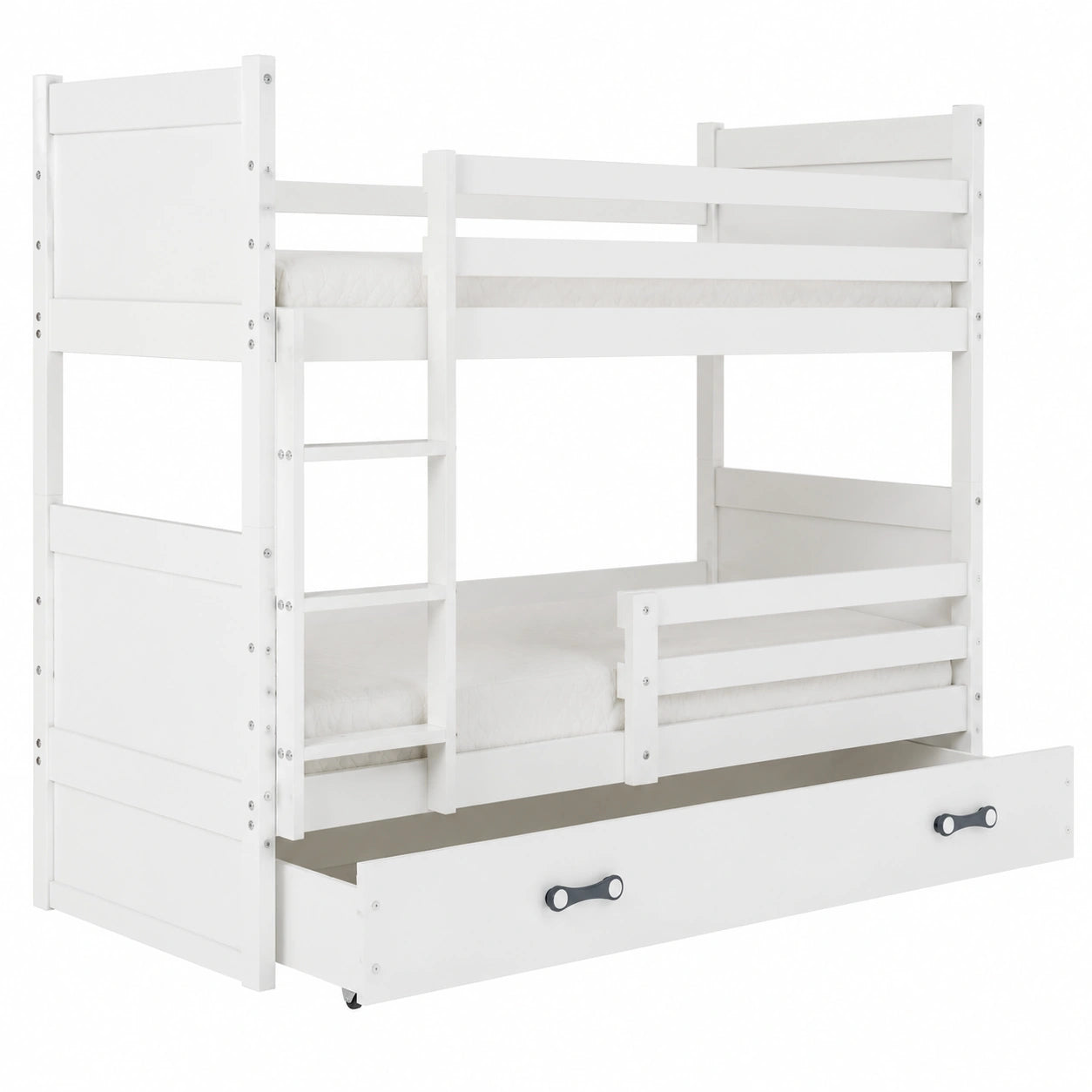 Hochwertiges Etagenbett aus Kiefernholz 200x90 cm mit Schublade und Rausfallschutz, Weiß - jervico