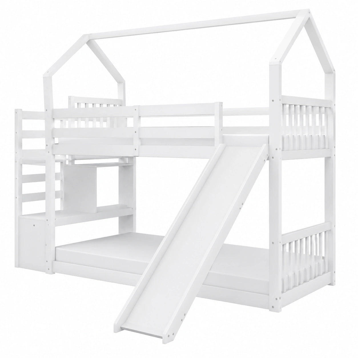Kinder-Etagenbett mit Rutsche und Stauraumtreppe, 90x200 cm, weißes Hausbett für zwei - jervico
