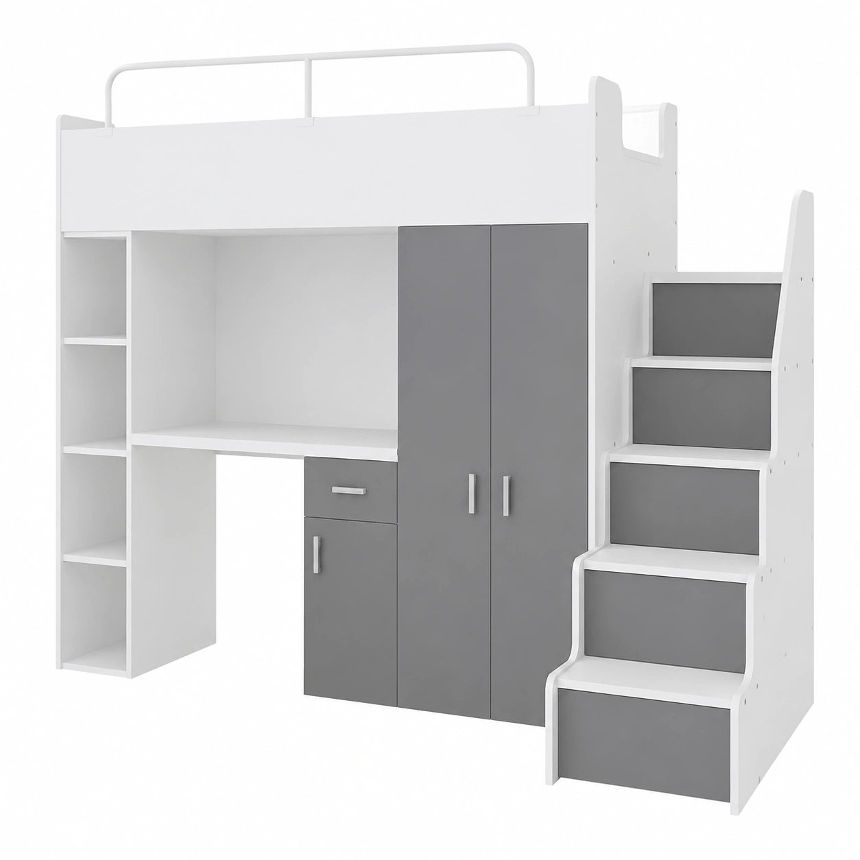 Kinderhochbett mit Kleiderschrank und Schreibtisch, 90x200 cm, Treppe, Graphit Matt - jervico