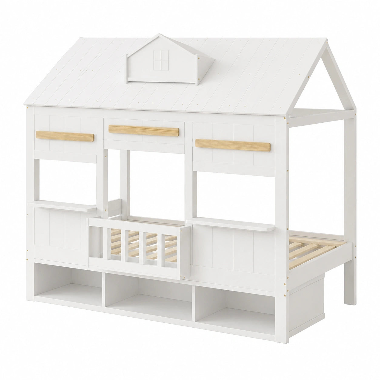 Hochbett für Kinder 90x200 cm mit Bücherregal, stabiles Hausdesign, Jugendbett mit Lattenrost, weiß - jervico