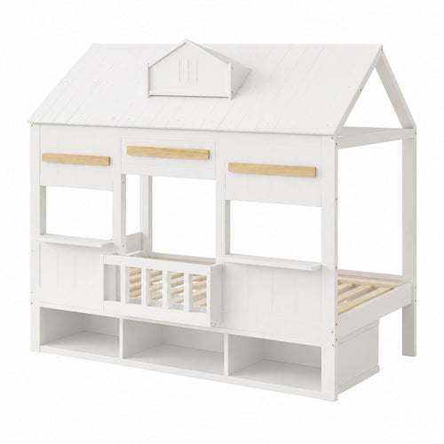 Hochbett für Kinder 90x200 cm mit Bücherregal, stabiles Hausdesign, Jugendbett mit Lattenrost, weiß - jervico
