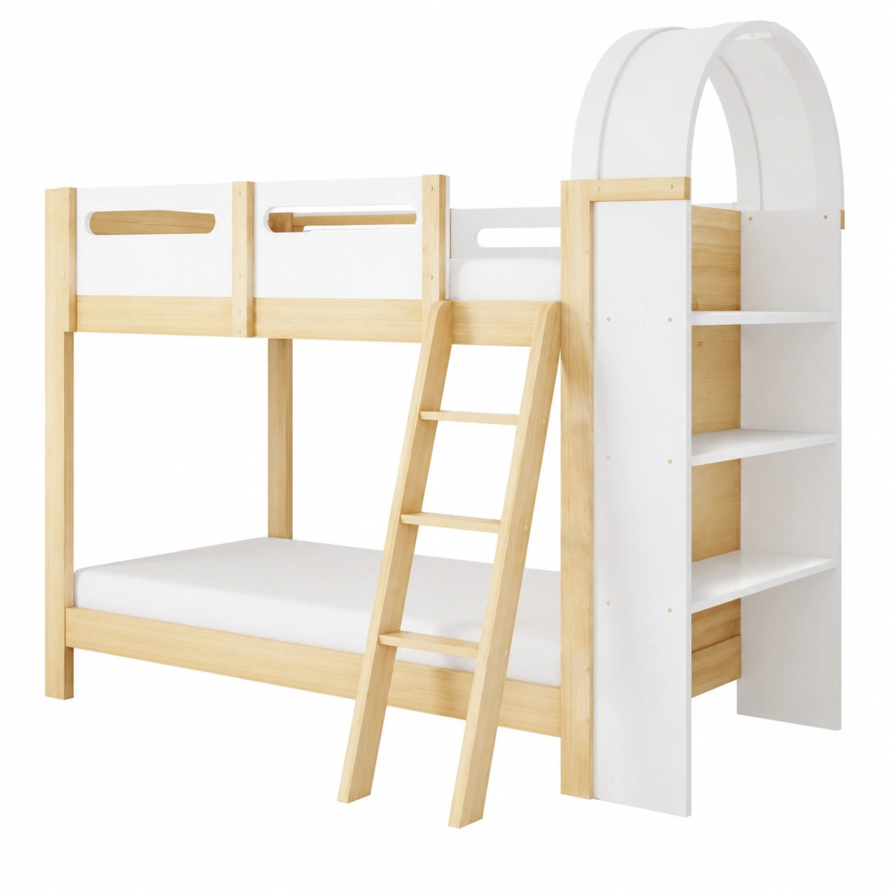 Kinder-Etagenbett 90x200 cm mit Regalen und Sicherheitsgitter, Hausbett mit Kuppel und Leiter, stabiles Hochbett, Weiß+Natur, exkl. Matratze - jervico
