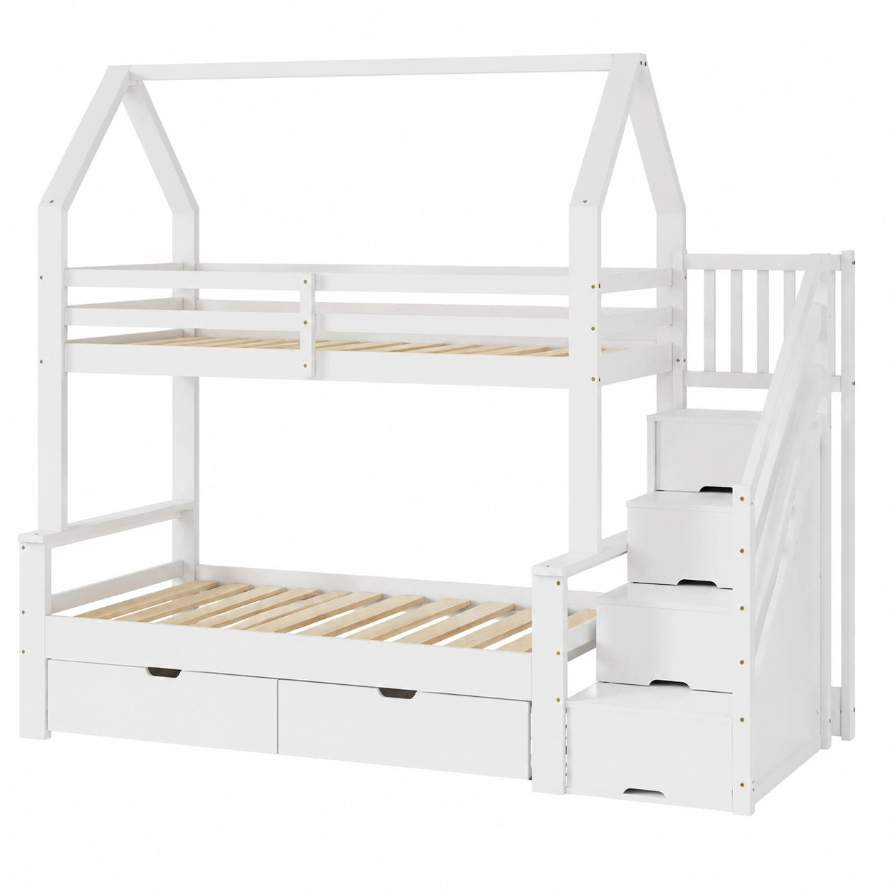 Hochbett mit Treppe und Schubladen aus Kiefernholz, Etagenbett für Kinder, 90x200 und 140x200, inkl. Stauraum, Weiß - jervico