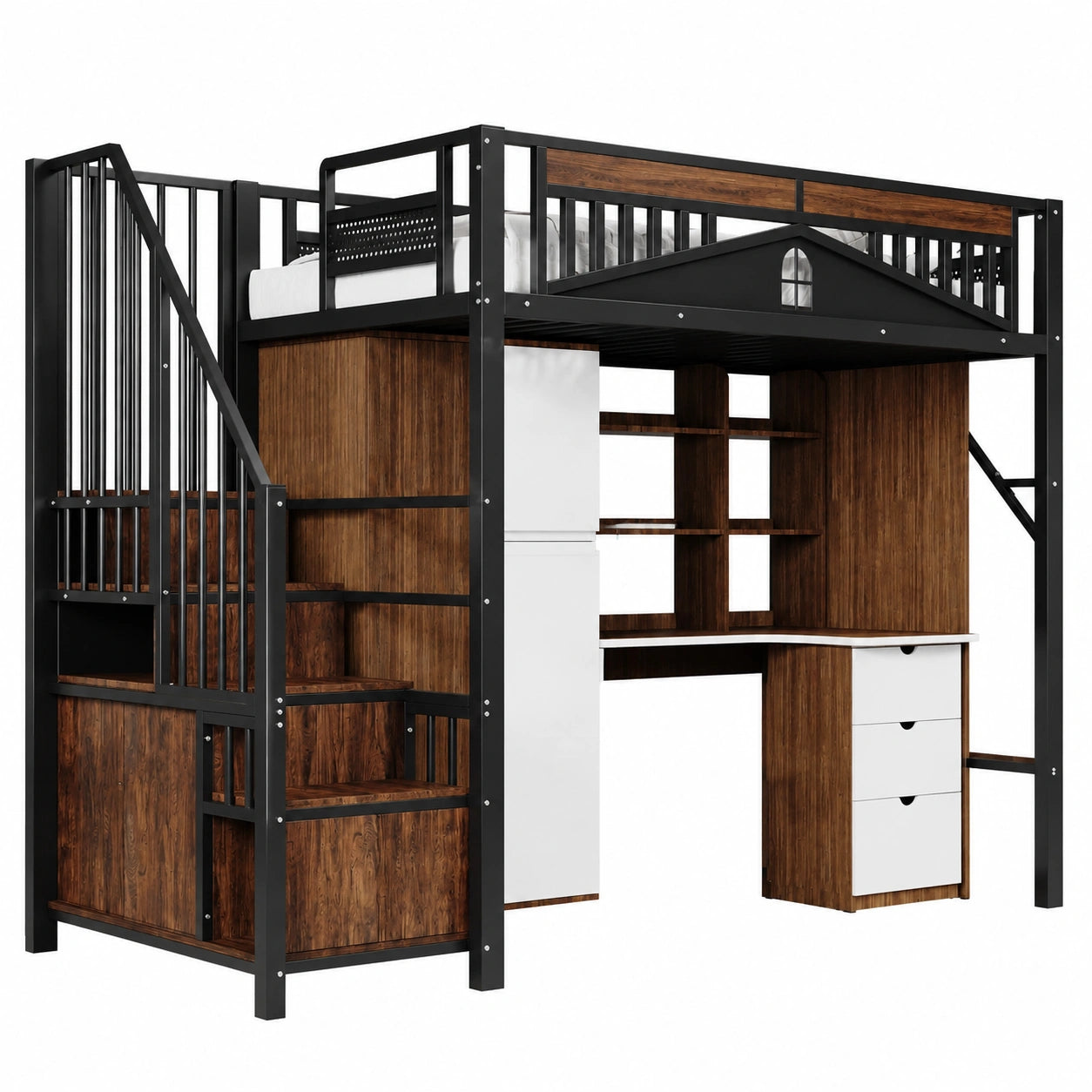 Metall-Hochbett 90x200 cm mit Sicherheitsleiter und Schutzgitter, Schwarz - jervico