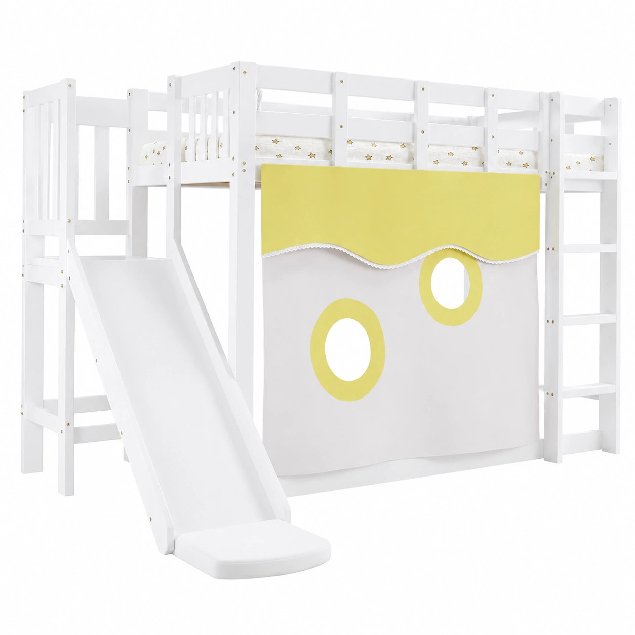 Merax Spielbett 90x200cm mit Rutsche und Treppe, Kinder Hochbett mit Sturzschutz und Vorhang, MDF und Kiefer, Weiß - jervico