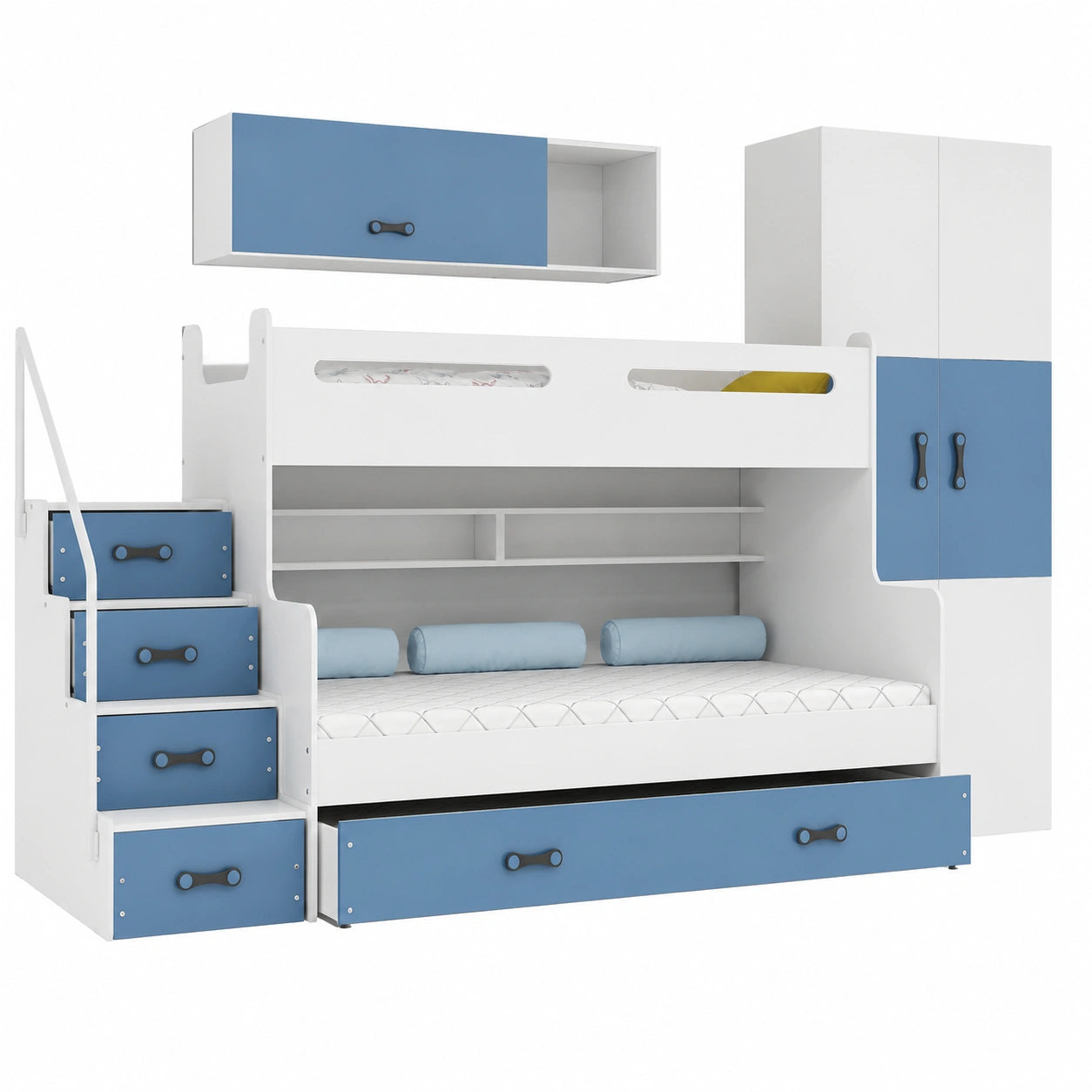 Kinder-Etagenbett mit Treppe und Stauraum in Weiß-Blau - jervico