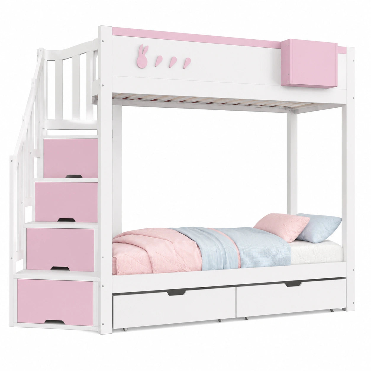 Hochbett für Kinder 90x200 cm mit Treppe, Schubladen und Absturzsicherung, Weiß/Rosa - jervico