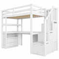 Multifunktionales Hochbett 90x200 cm mit Schreibtisch & Treppe, Kinder-Etagenbett mit Schubladen und Regalen in Weiß - jervico