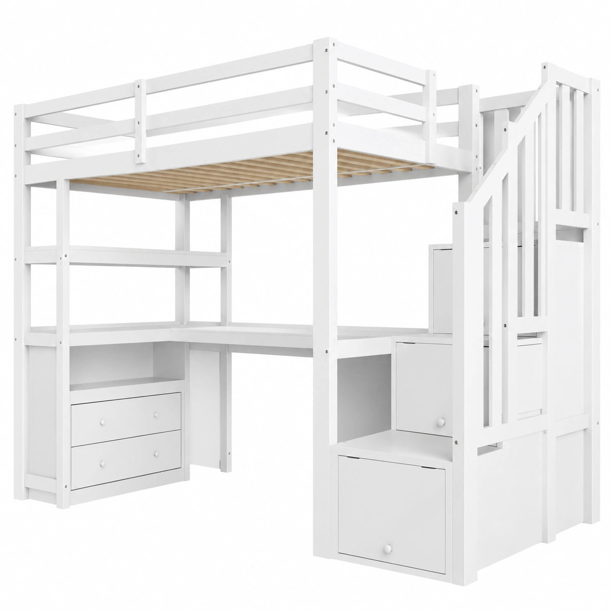 Multifunktionales Hochbett 90x200 cm mit Schreibtisch & Treppe, Kinder-Etagenbett mit Schubladen und Regalen in Weiß - jervico
