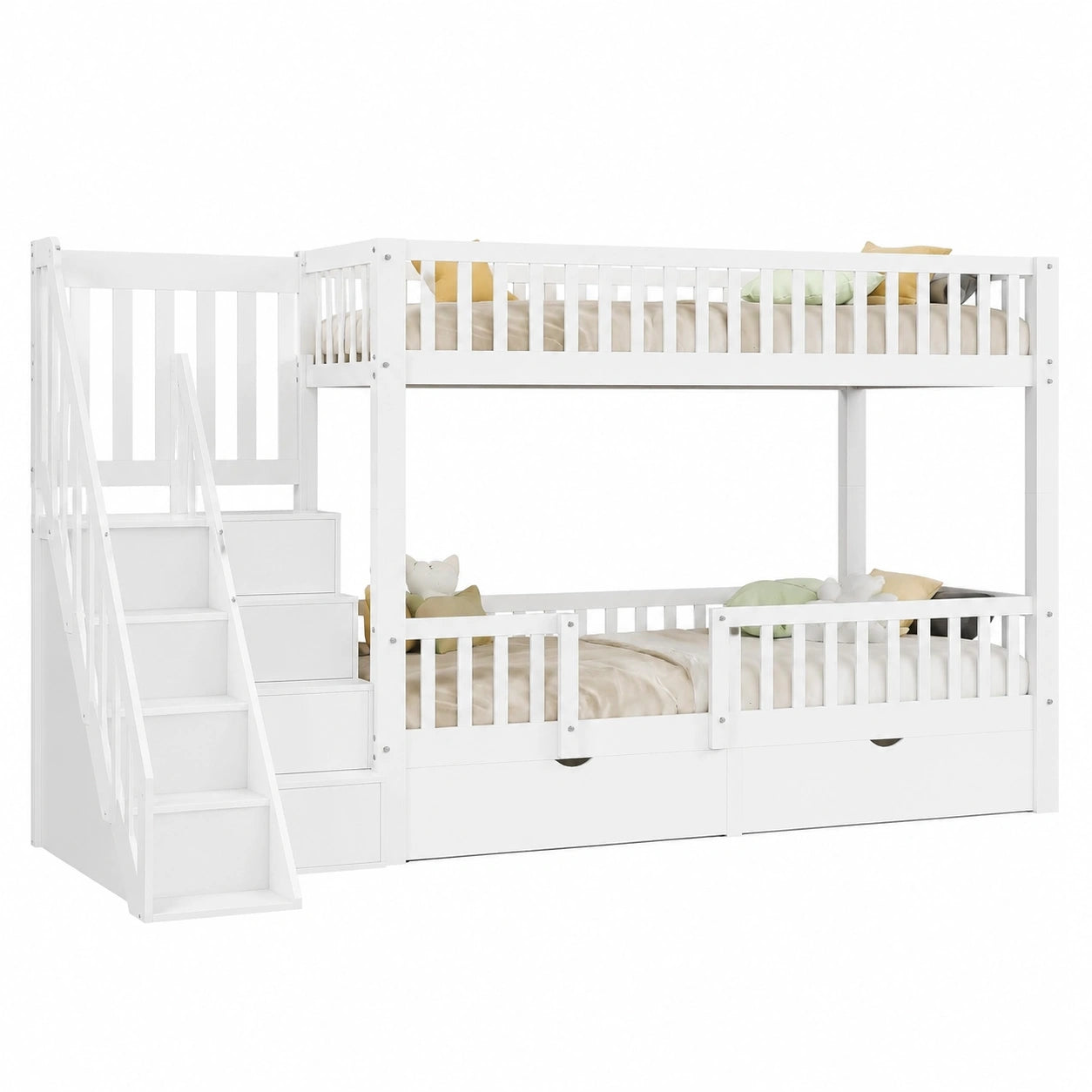 Etagenbett 90x200 cm mit Rutsche und Treppen, weiß, inkl. 2 Schubladen und magnetischer Tür, Holzbettgestell mit Lattenrost für Kinder und Jugendliche - jervico