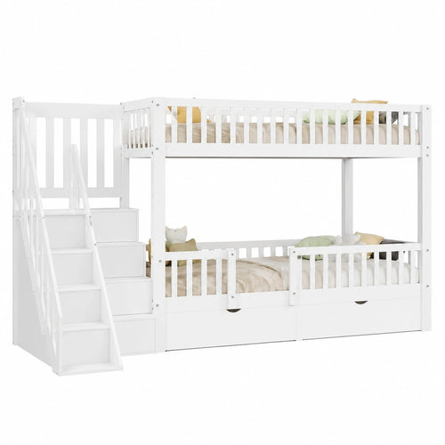 Etagenbett 90x200 cm mit Rutsche und Treppen, weiß, inkl. 2 Schubladen und magnetischer Tür, Holzbettgestell mit Lattenrost für Kinder und Jugendliche - jervico