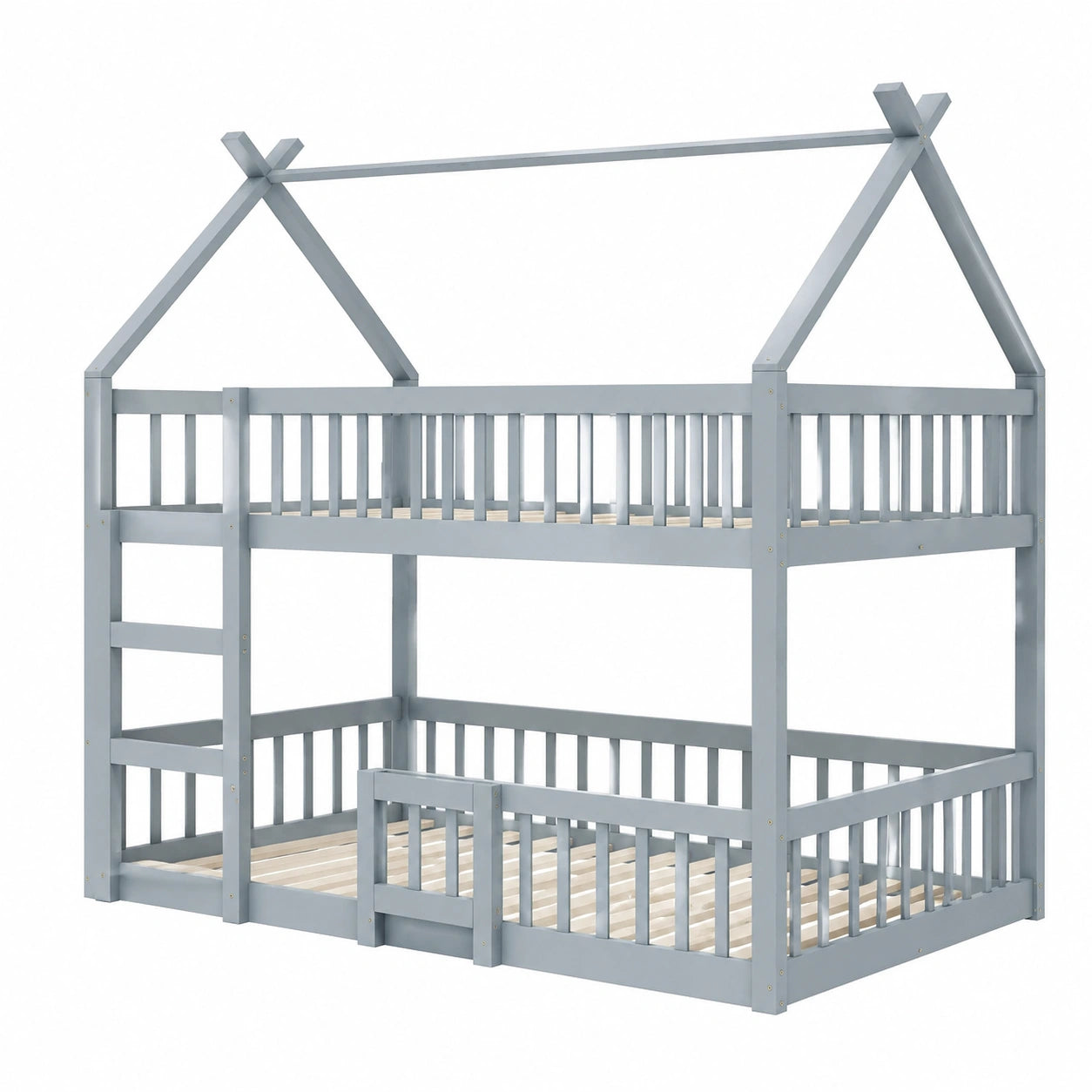 Massivholz Etagenbett 140x200 cm für Kinder, inkl. Rausfallschutz und Lattenrost, Familien- und Jugendbett, Spielhochbett, grau - jervico