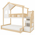 Etagenbett für Kinder 90x200 und 140x200, Hausbett mit Stauraum, Fenster und Dach, Stockbett aus Kiefernholz, inkl. Lattenrost und Rausfallschutz, Natur/Weiß, ohne Matratze - jervico