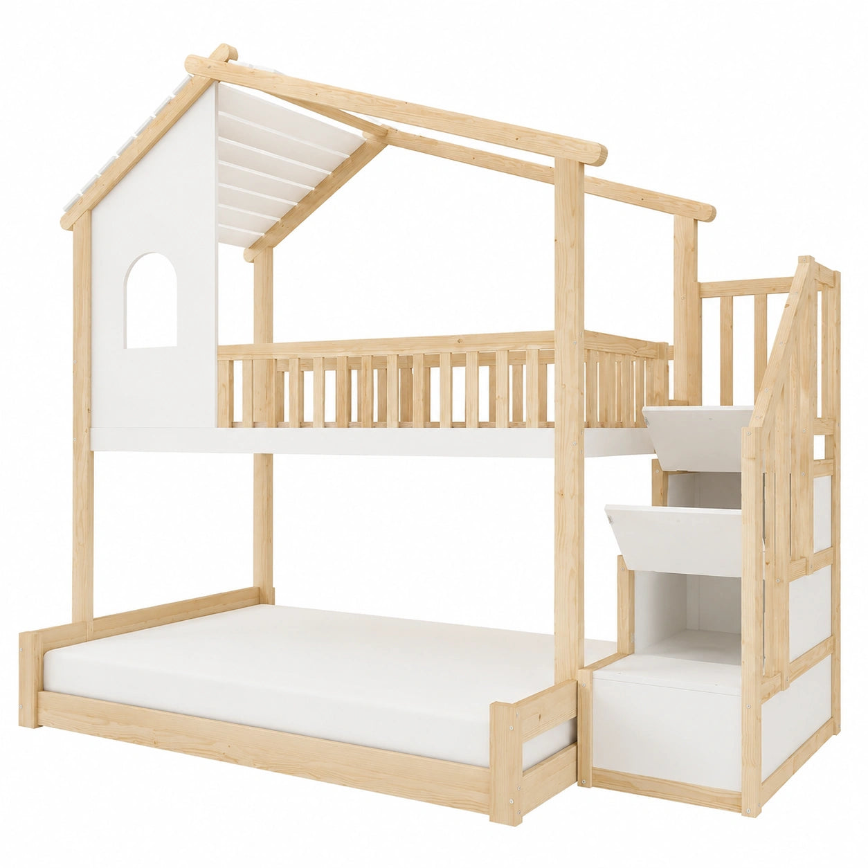 Etagenbett für Kinder 90x200 und 140x200, Hausbett mit Stauraum, Fenster und Dach, Stockbett aus Kiefernholz, inkl. Lattenrost und Rausfallschutz, Natur/Weiß, ohne Matratze - jervico
