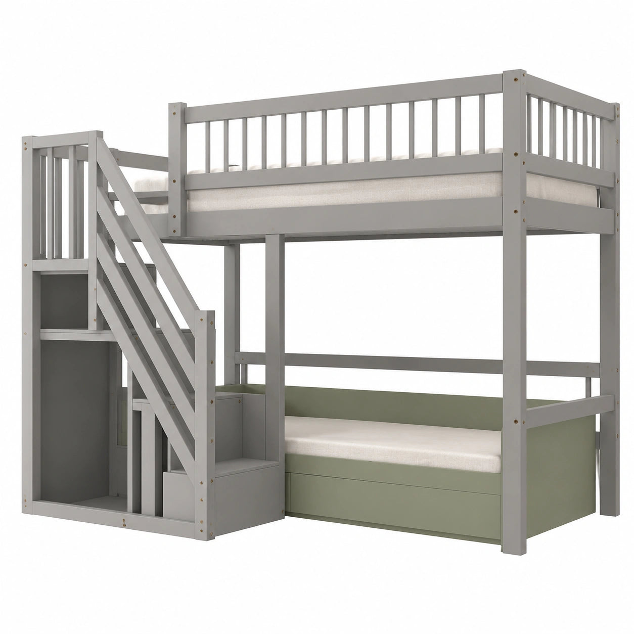 Kinderhochbett 90x200 cm mit Schrank und Treppe, sicheres Holzbett in Grau - jervico