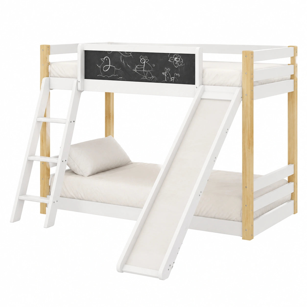 Kinder Etagenbett 90x200 cm mit Rutsche und Tafel, Hausbett in Weiß und Naturholz, Hochbett für 2 Kinder, inklusive Lattenrost - jervico
