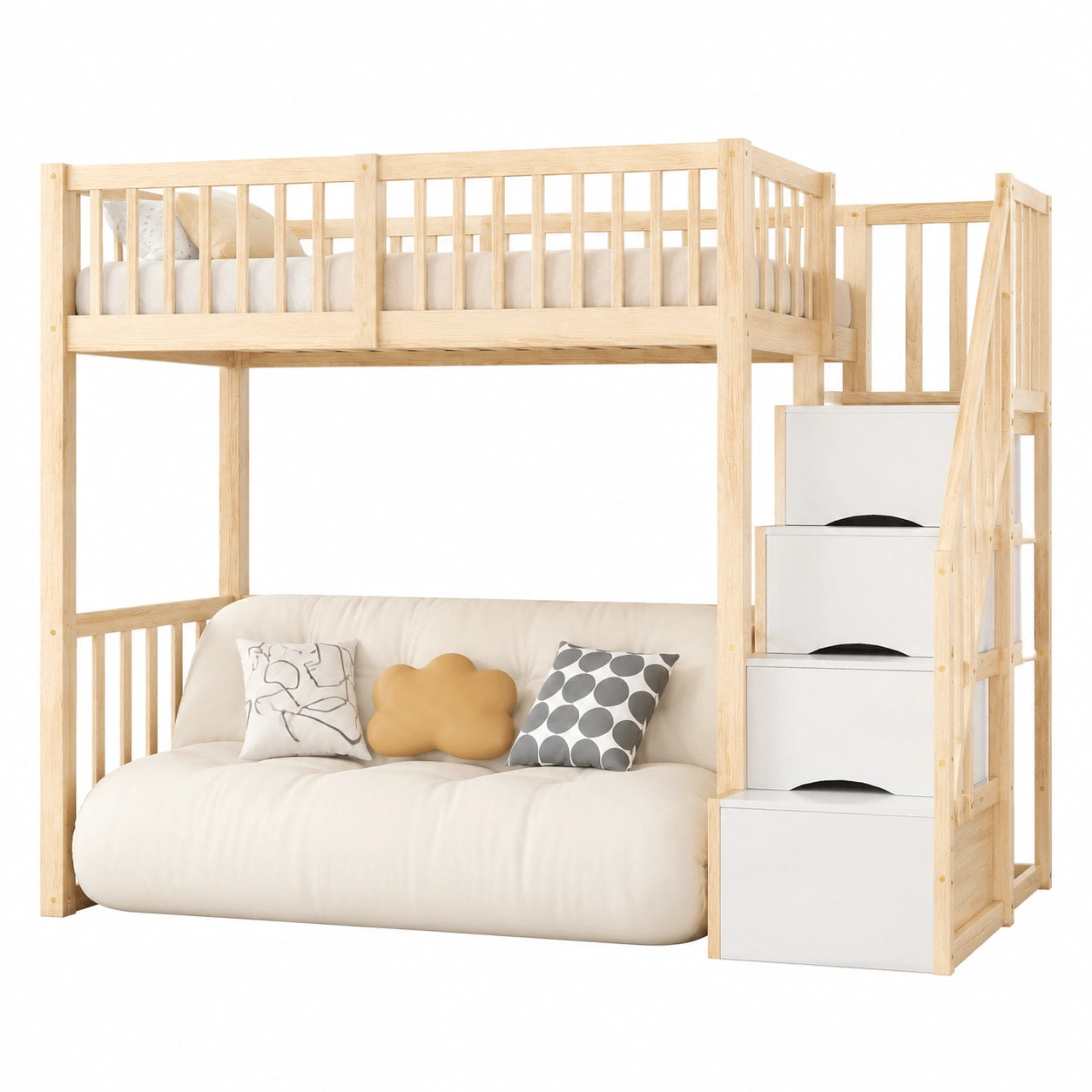 Multifunktionales Hochbett 90x200 aus Kiefernholz mit Treppe und Stauraum - jervico