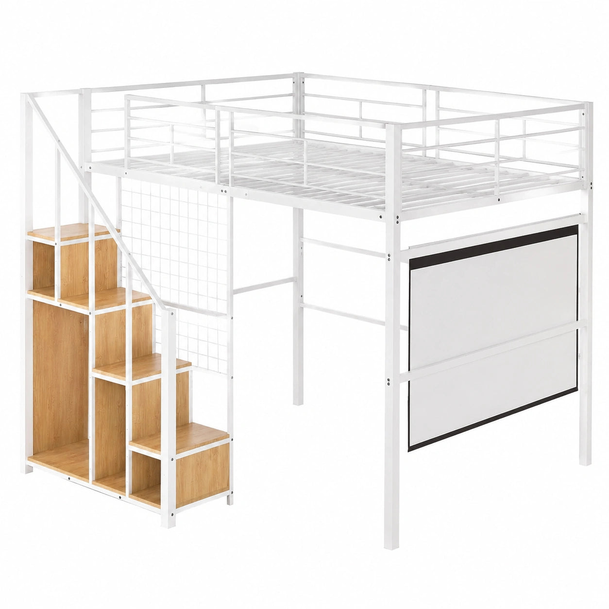 Hochbett Metall 140x200 cm mit Treppe und Stauraum, Kinder- und Jugendbett, weiß - jervico