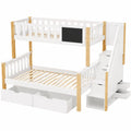 Hochbett für 3 Kinder mit Tafel und Stauraumschubladen, Natur & Weiß, 90x200 & 140x200 cm - jervico
