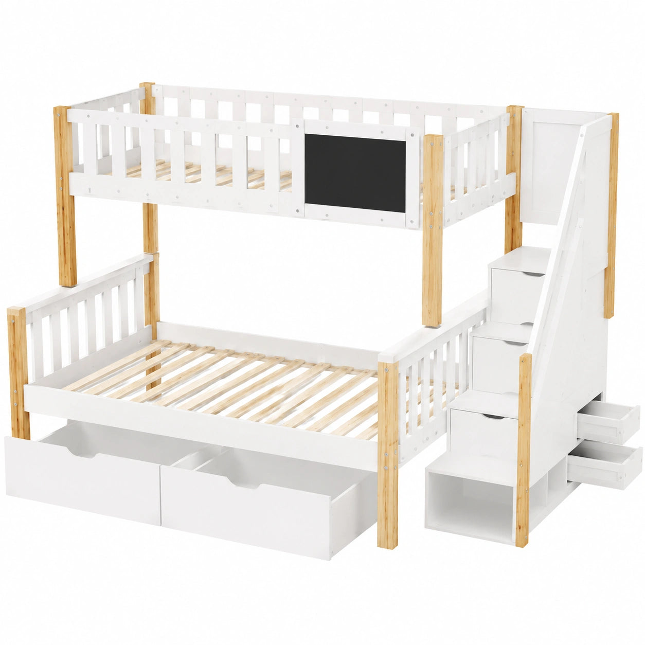 Hochbett für 3 Kinder mit Tafel und Stauraumschubladen, Natur & Weiß, 90x200 & 140x200 cm - jervico