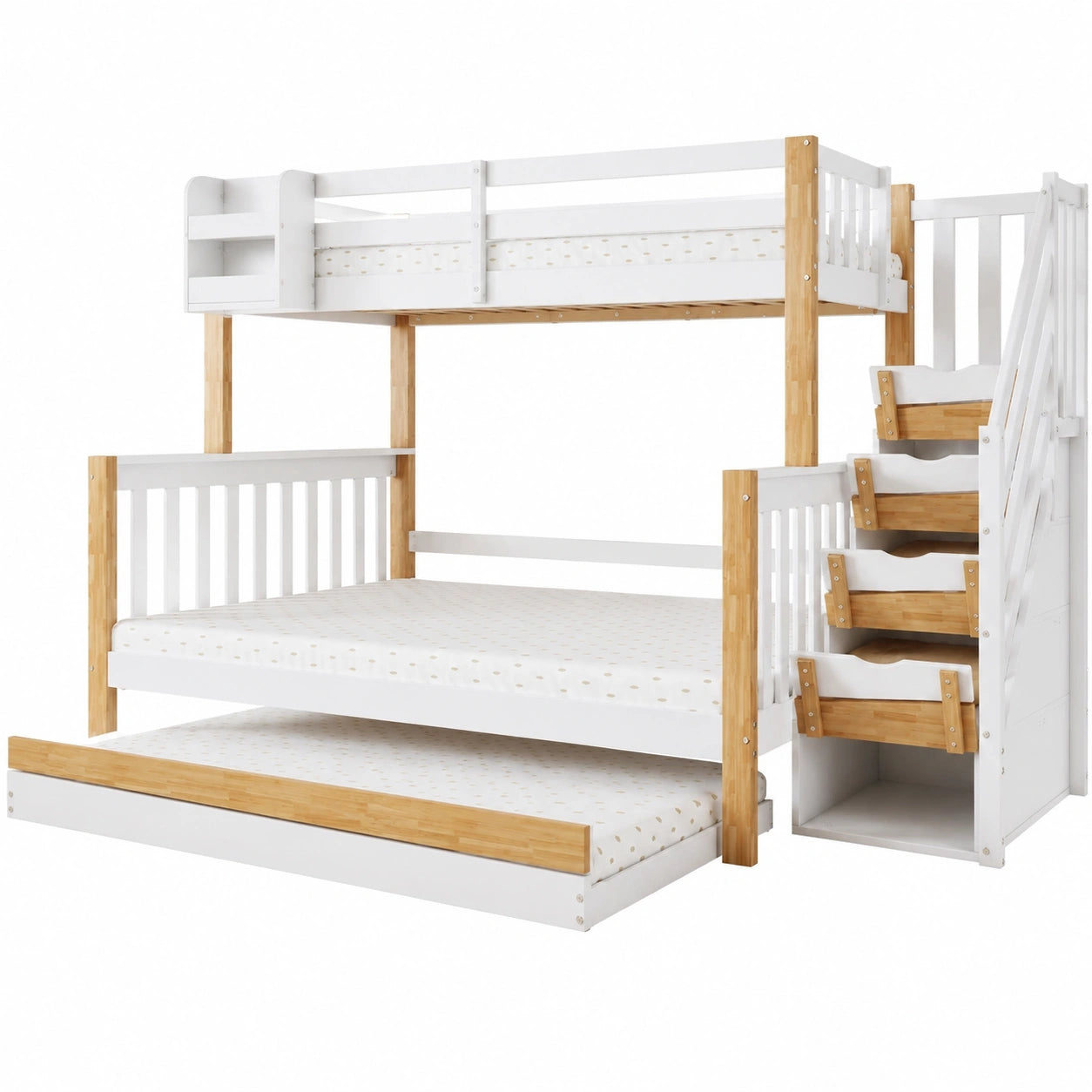 Kindersetagenbett mit Treppe und Stauraum, 90x200 & 120x200 cm, inkl. Ausziehbett, Hochbett aus Holz, Weiß/Natur, ohne Matratze - jervico
