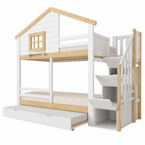 Etagenbett 90x200 für Kinder, Abenteuer-Hochbett aus Kiefernholz, mit Ausziehbett, Stauraum und Rausfallschutz, Weiß/Natur, ohne Matratze - jervico