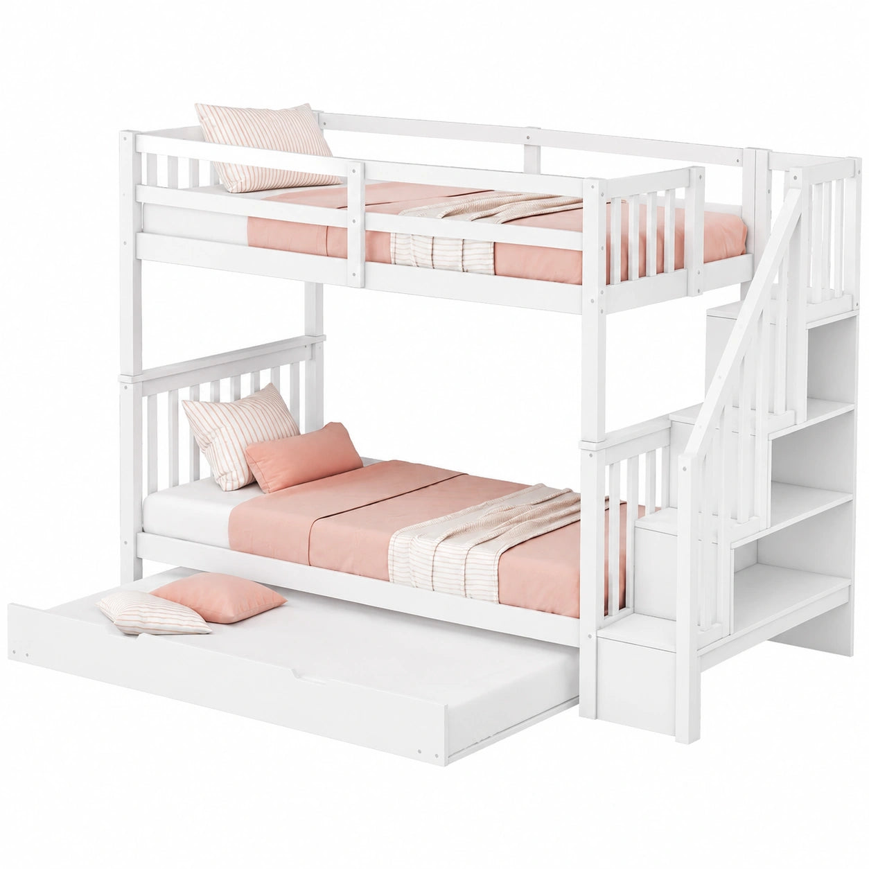 Kinder-Hochbett 90x200 cm mit Ausziehbett und Treppe, Stockbett für 3 Kinder, Jugendbett mit Lattenrost und Rausfallschutz, ohne Matratze - jervico