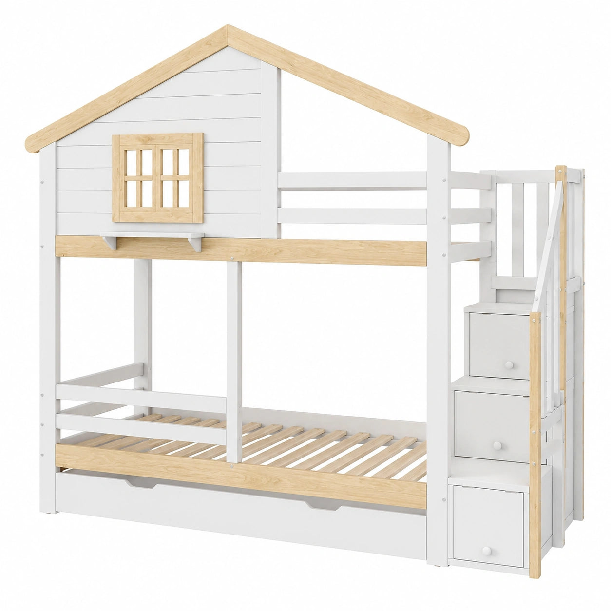 Kinderhochbett mit Treppe und Bettkasten, 90x200cm, Hausdesign, Weiß/Natur - jervico