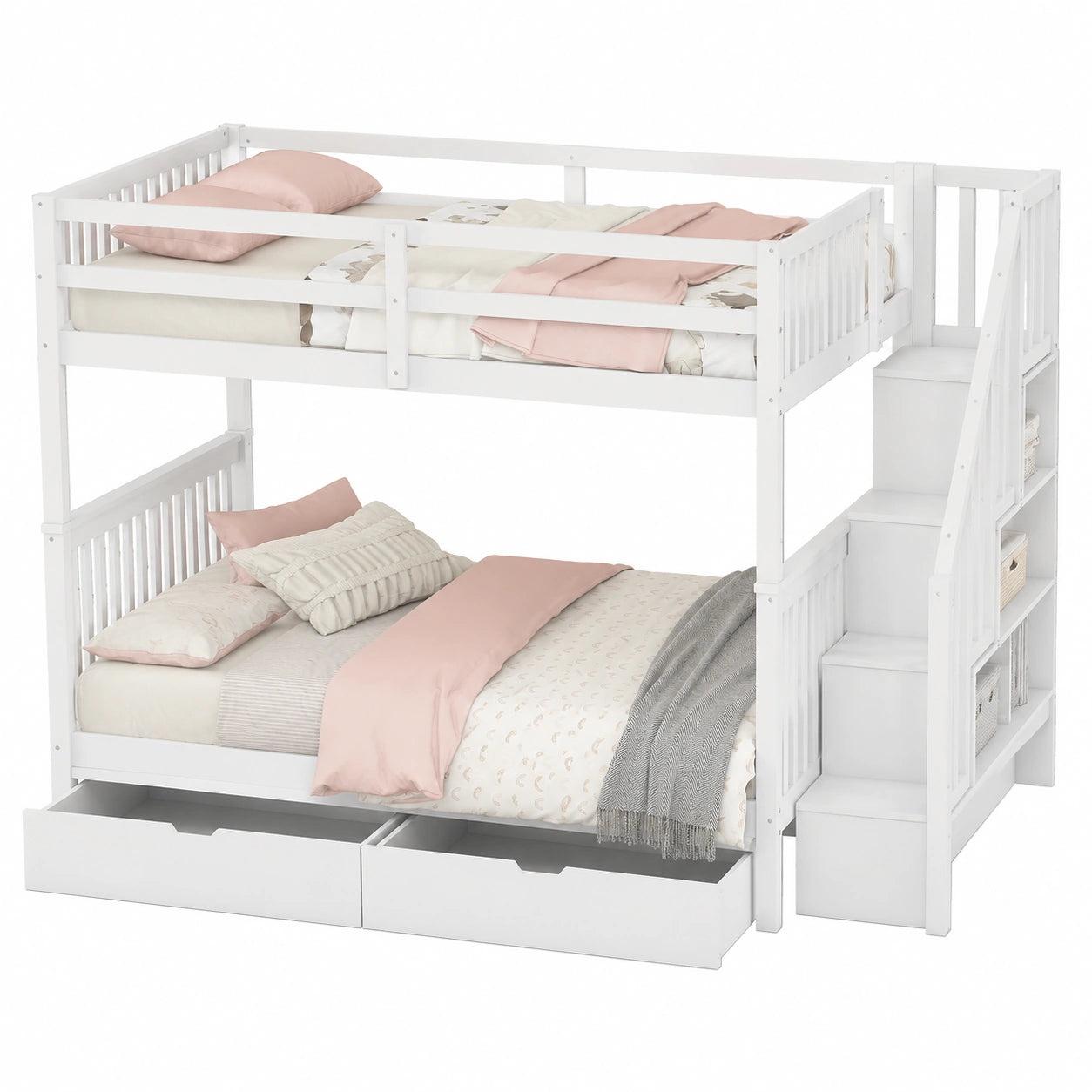 Hochbett 140x200 mit Treppe und Schubladen, Kinderbett für zwei, Jugendbett mit Rausfallschutz, Multifunktionsbett in Weiß ohne Matratze - jervico