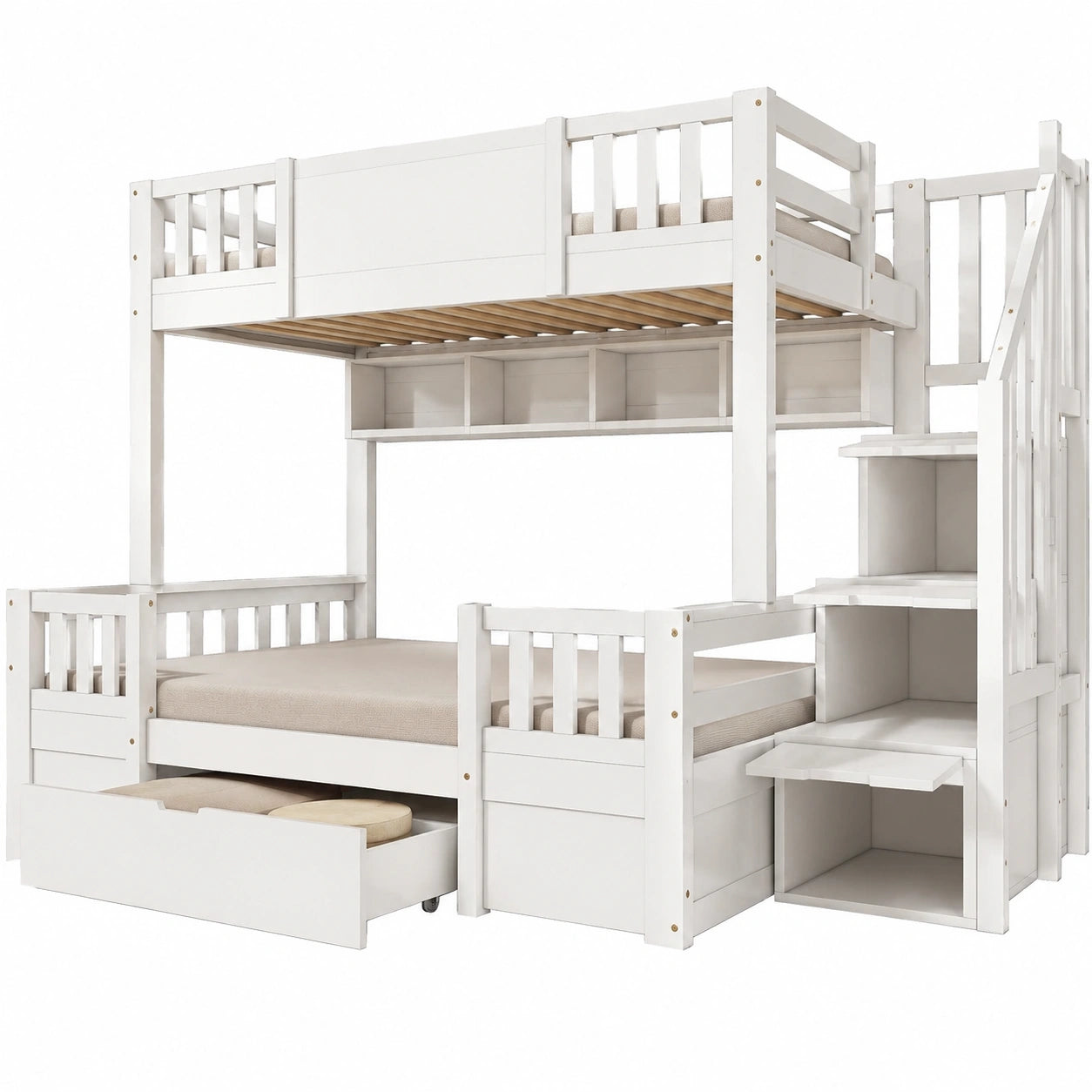 Hochbett mit Schubladen und Treppe, Kinderbett Hausdesign 90x200 & 140x200 Weiß - jervico