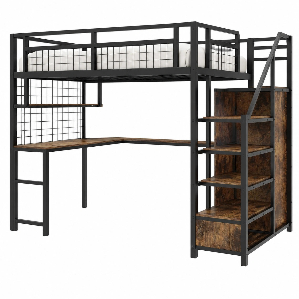 Merax Hochbett für Kinder, 140x200 cm, Metall, integrierter Schreibtisch und Regal, Kleiderschrank und Treppe mit Stauraum, Sicherheitszaun, ohne Matratze, Schwarz - jervico
