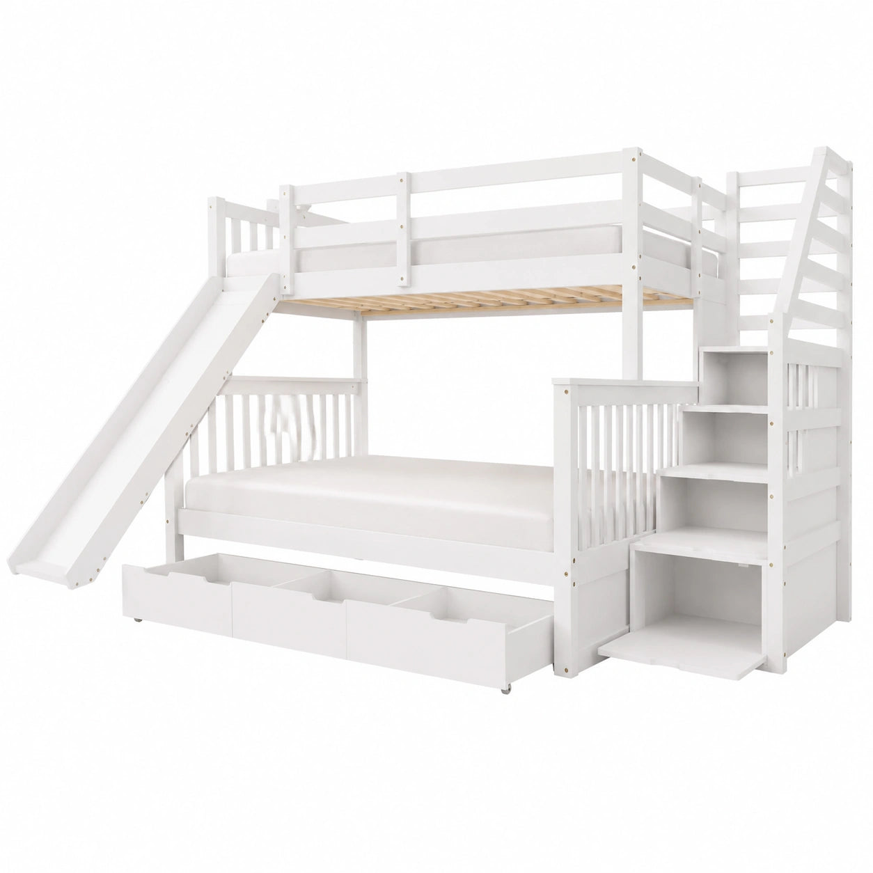 Multifunktionales Hochbett mit Rutsche und Stauraum, Kinder-Etagenbett in Weiß für Zwei - jervico