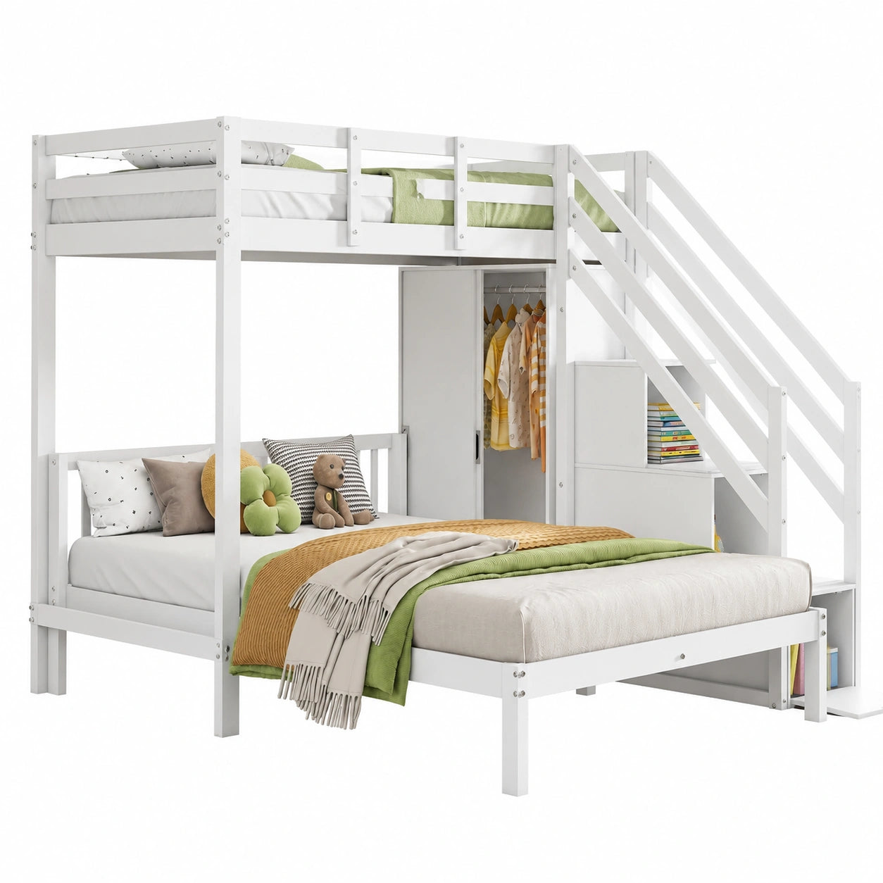 Multifunktionales Kinder-Etagenbett mit Kleiderschrank, Treppe und Stauraum, 90x200 & 140x200, Weiß - jervico