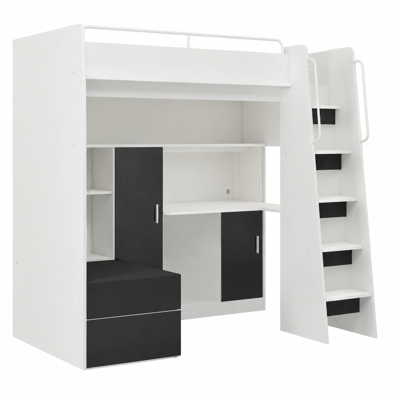 Multifunktions-Hochbett mit Treppe und ausziehbarem Sofa, 90x200 cm, Schwarz glänzend - jervico