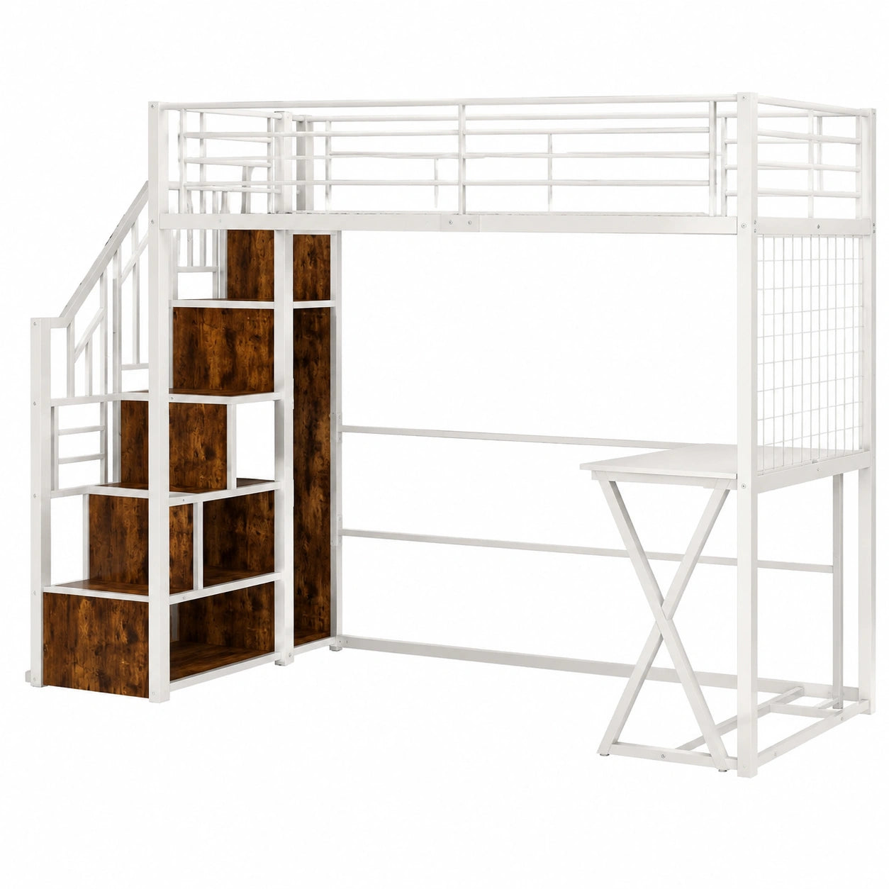 Loftbett 90x200 cm für Erwachsene & Jugendliche mit Staustufen, Schreibtisch und integriertem Schrank, Metallrahmen (Weiß) - jervico