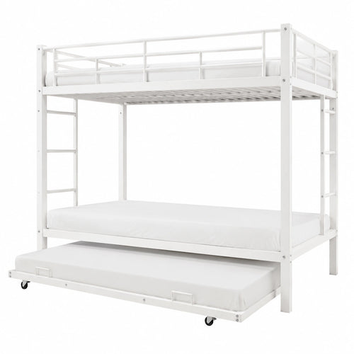Hochbett aus Metall mit Ausziehbett und Leiter, platzsparendes Etagenbett 140x200 für Kinder, Jugendbett mit Sicherheitsgitter, ohne Matratze, Weiß - jervico