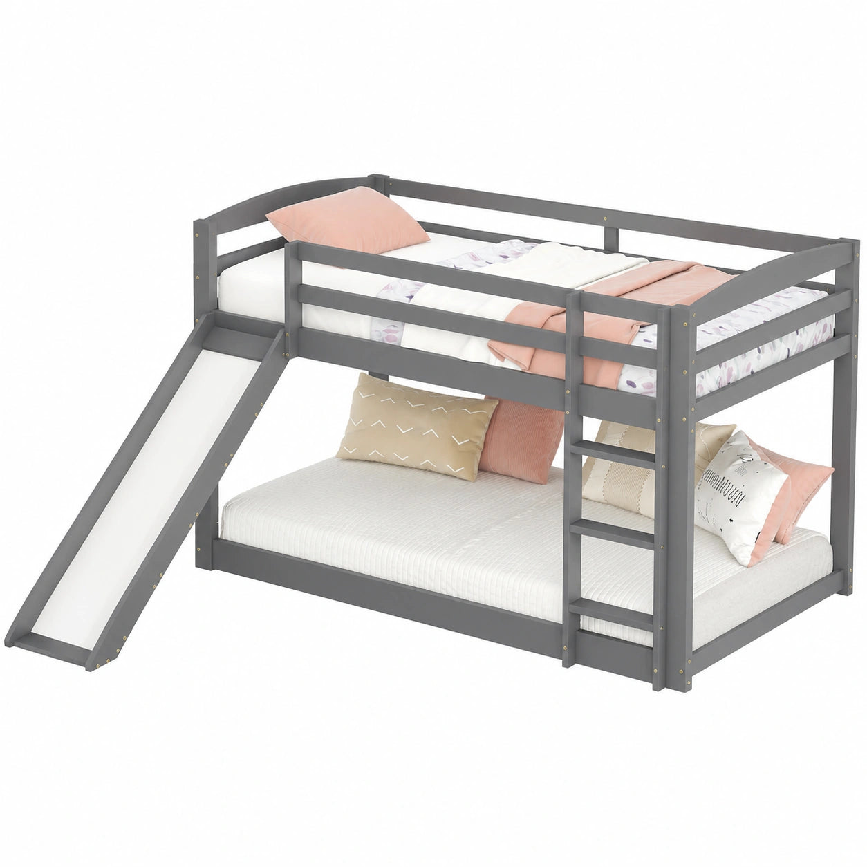 Kinderdoppelstockbett 90x200 mit Rutsche, Hochbett aus massivem Holz in Grau, ohne Matratze - jervico