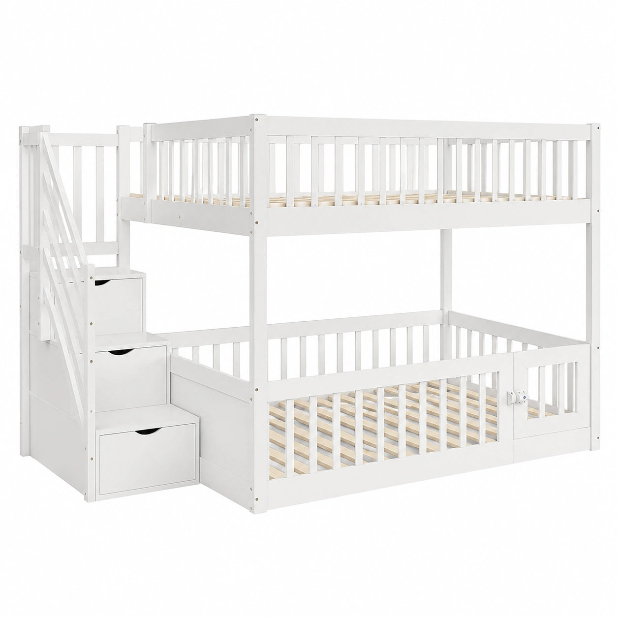 Hochbett 140x200 mit Treppe und Schubladen, weiß, Stauraum & Fallschutz, robustes Kinder- und Jugendbett aus Holz, platzsparend für zwei Personen - jervico