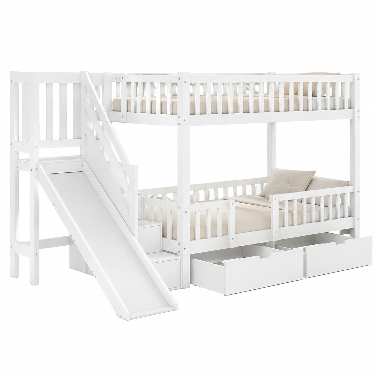 Hochbett für Kinder 90x200 cm mit Rutsche und Treppe, Stauraum-Schubladen, Weiß - jervico