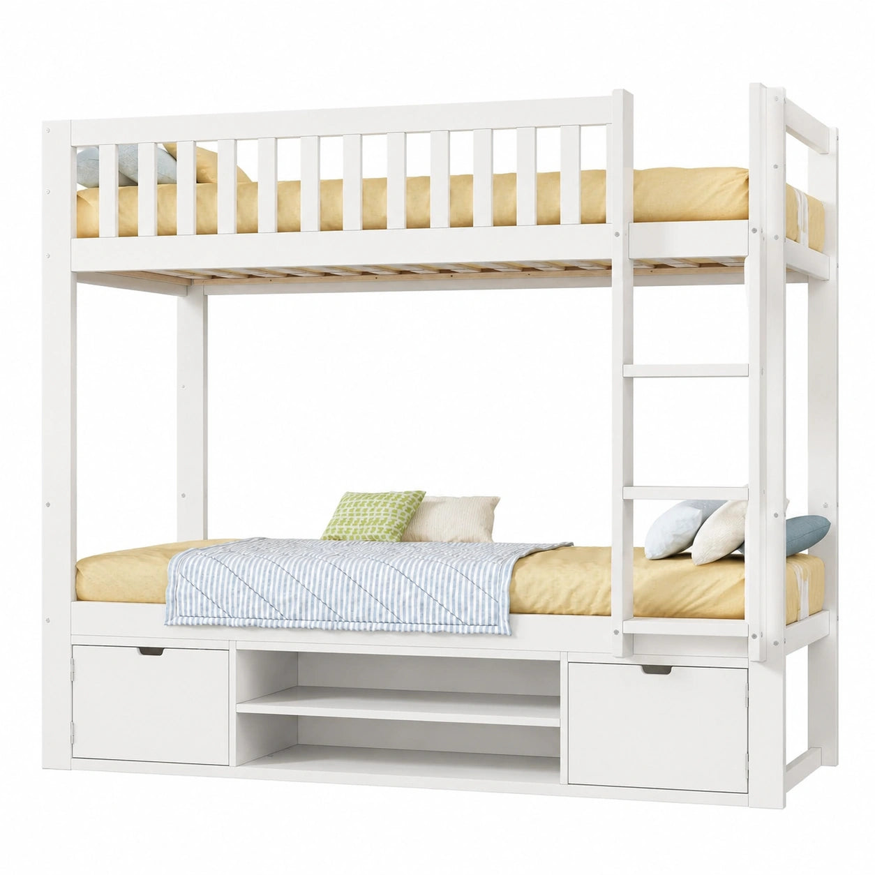 Hochbett für Kinder 90x200 cm mit Tischplatte und Schuhregal, Stockbett aus Holz mit Sicherheitsfach und Rausfallschutz, Weiß, inklusive Lattenrost, Ideal für Platzersparnis - jervico