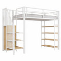 Hochbett für Kinder mit Kleiderschrank und Regalen, Metall-Etagenbett 90x200 cm, Weiß - jervico