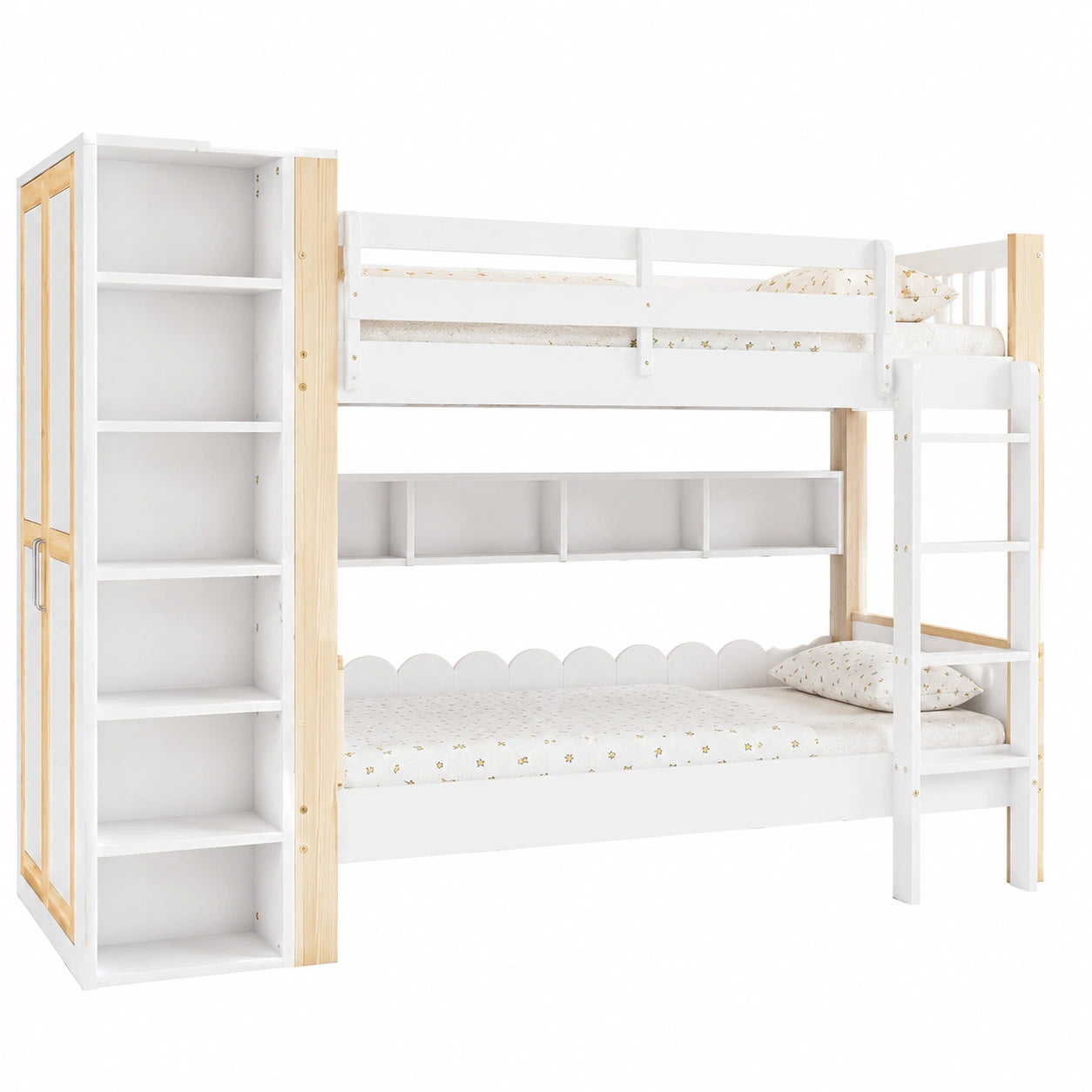 Merax Etagenbett 90x200cm mit Kleiderschrank und Regalen, platzsparendes Kinderhochbett mit Sicherheitsschutz - jervico