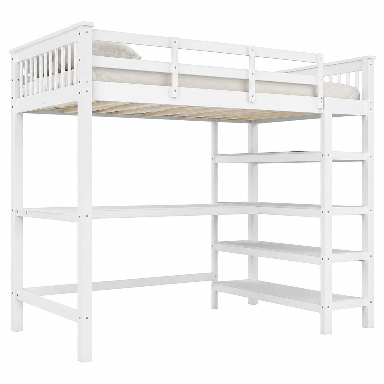 Multifunktionales Hochbett 140x200 cm mit Schreibtisch und Stauraum, Spiel- und Jugendbett in Weiß für Kinder und Erwachsene - jervico