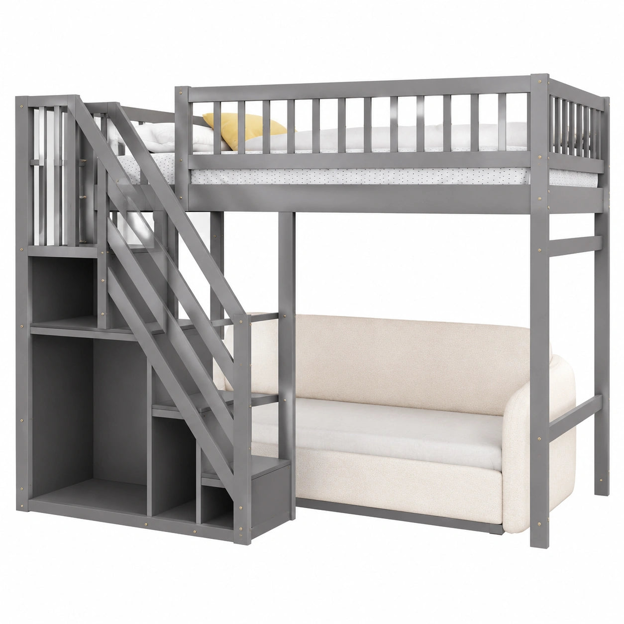 Raumsparendes Kinderhochbett 140x200 cm mit Treppe und Stauraum, Ideal für kleine Räume, Grau - jervico